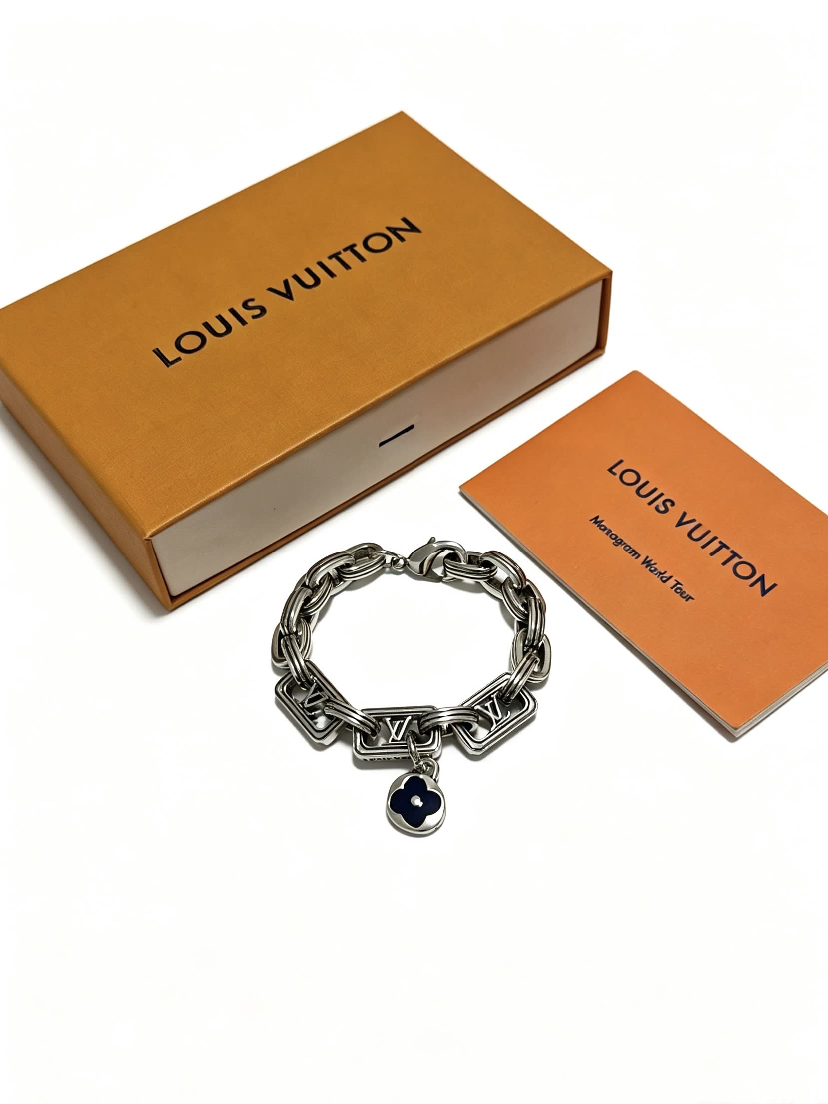 Louis Vuitton Silver Tone Bracelet with Monogram Charm